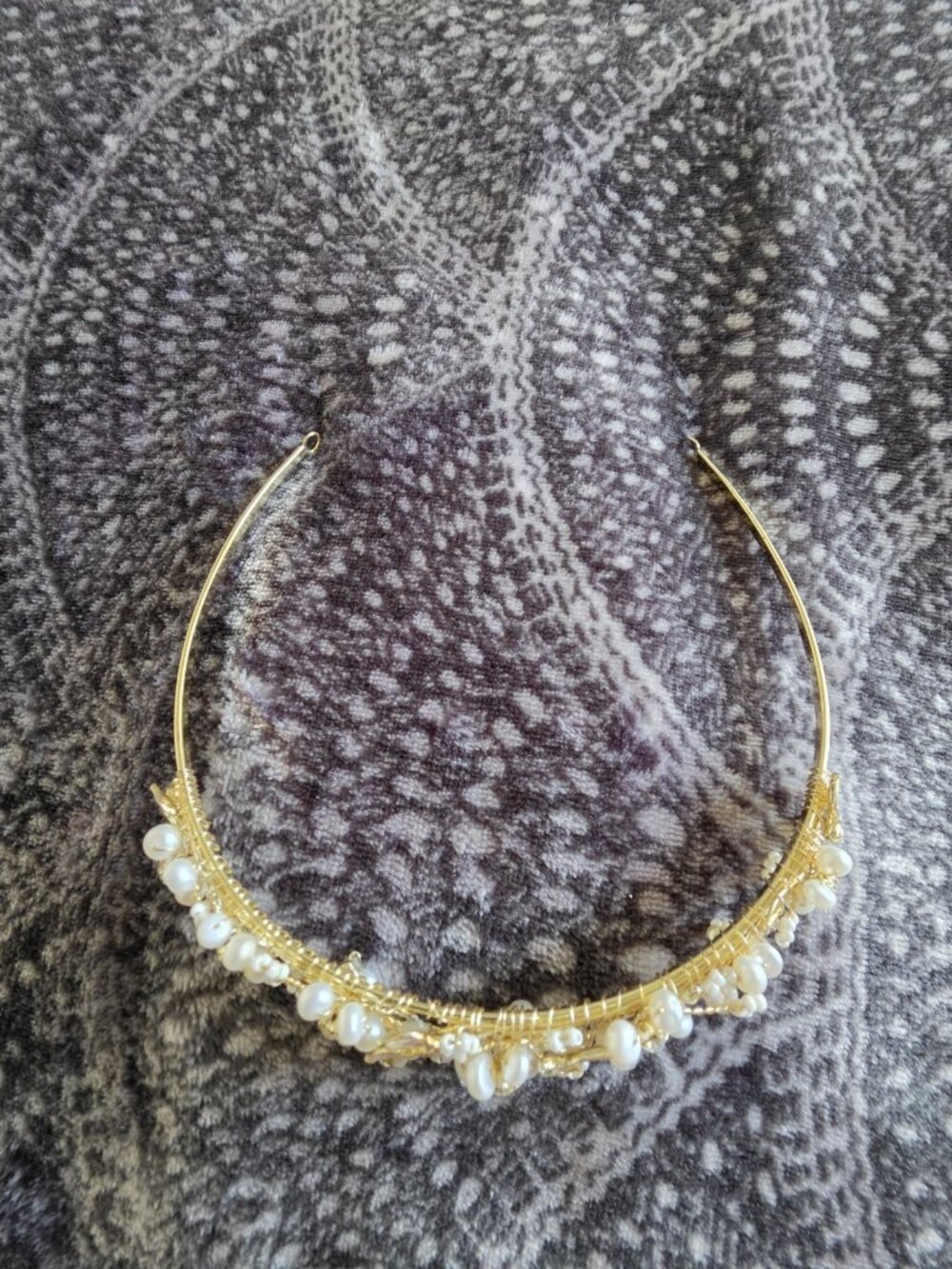 Gold Floral Pearl Tiara Headband, Brushed Metal Bridal Hair Accessory - Picture 2 of 7